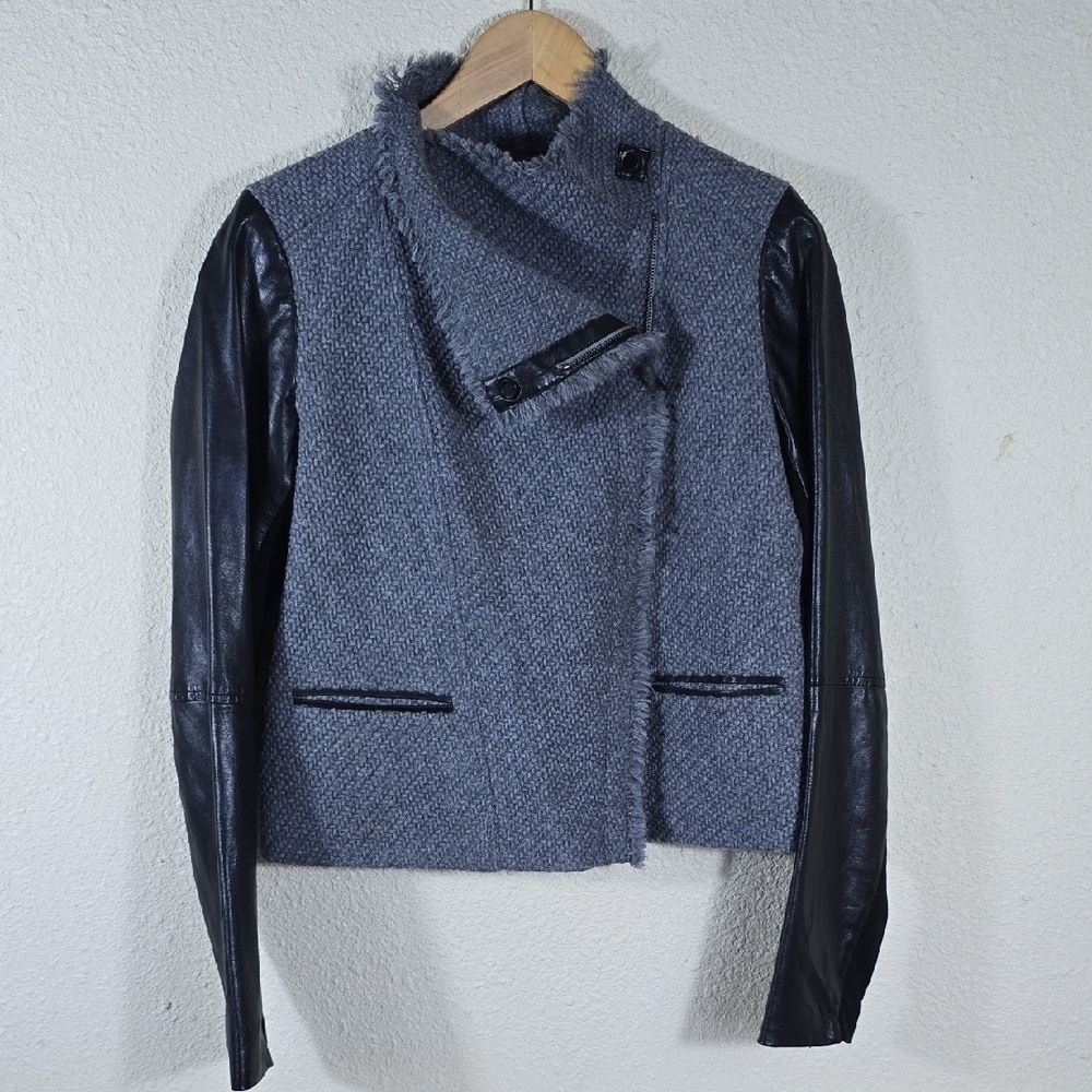 Vince Wool Blend Moto Leather Jacket Women’s Sz.M Minimalist Classic Chic Style